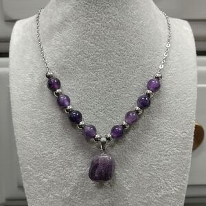 Amethyst Beaded Necklace Natural Gemstone Crystal Pendant Stainless-Steel Chain